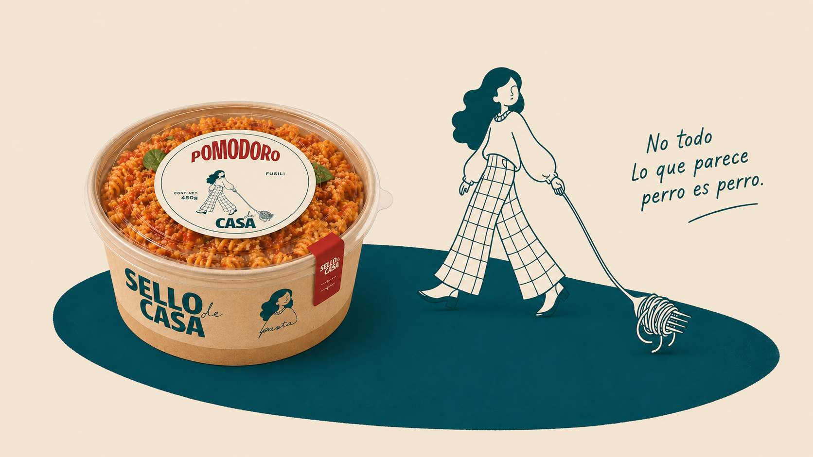 Bowl de pasta sellado sobre el plano petróleo, junto a Ella paseando la pasta
